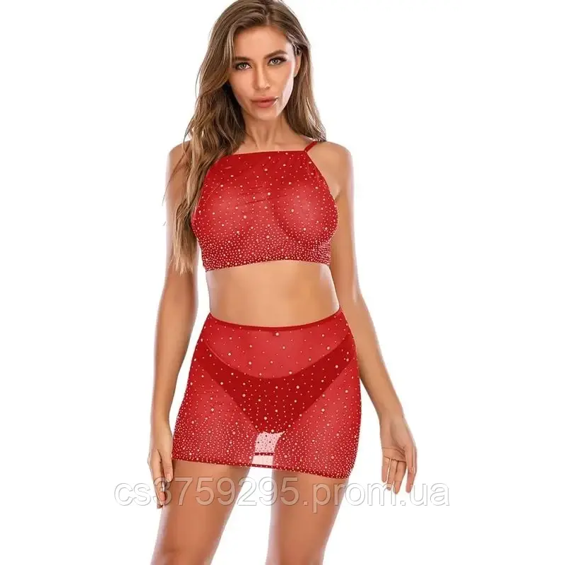 Комплект топ з відкритою спинкою та юпка з сіточки в стрази 